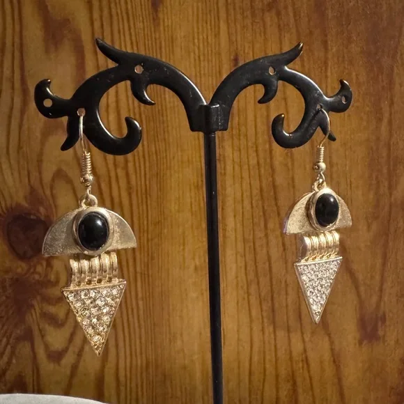 Gold Tone Statement Rhinestone Dangle Earrings - Picture 3 of 5